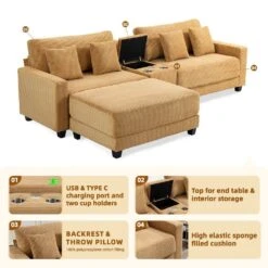 Laibai 111.81 In. Square Arm Velvet Modular 3-Piece Modern Yellow Sofa With Cup Holder And Ottoman -Jearey yellow jearey sofas couches xdxrabc yellow 4f 1000