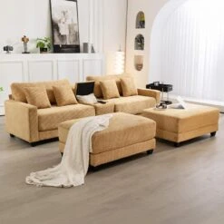 Laibai 111.81 In. Square Arm Velvet Modular 4-Piece Modern Yellow Sofa With Cup Holder And Ottoman -Jearey yellow jearey sofas couches xdxrabcd yellow 44 1000