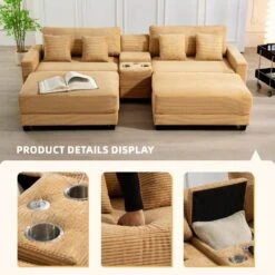 Laibai 111.81 In. Square Arm Velvet Modular 4-Piece Modern Yellow Sofa With Cup Holder And Ottoman -Jearey yellow jearey sofas couches xdxrabcd yellow 4f 1000