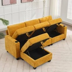 Modern 91 In. Yellow Chenille Square Arm L-Shaped Storage Sofa With Cup Holder And Ottoman For Living -Jearey yellow jearey sofas couches xnecw 3 gold 44 1000
