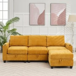 Modern 91 In. Yellow Chenille Square Arm L-Shaped Storage Sofa With Cup Holder And Ottoman For Living