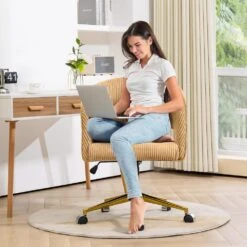 Yellow Modern Swivel And Adjustable Task Chair Tufted Office Chair With Gold Base -Jearey yellow jearey task chairs e31bgy hd lye 31 1000